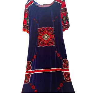 Vintage 70s Boho Velour Maxi Holiday Hostess Dress with Head Scarf/ M